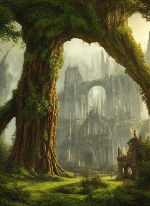 Gigantic Castle, Adorned Pillars, Towers, Gnarly Trees, Lush Vegetation 