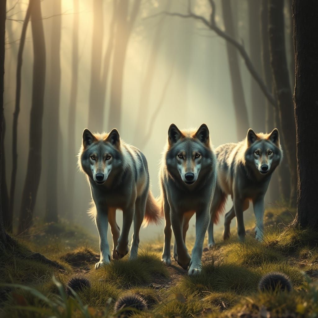 A family of wolfs are roaming through the forest.
Realistic dreamlike mysterious style 