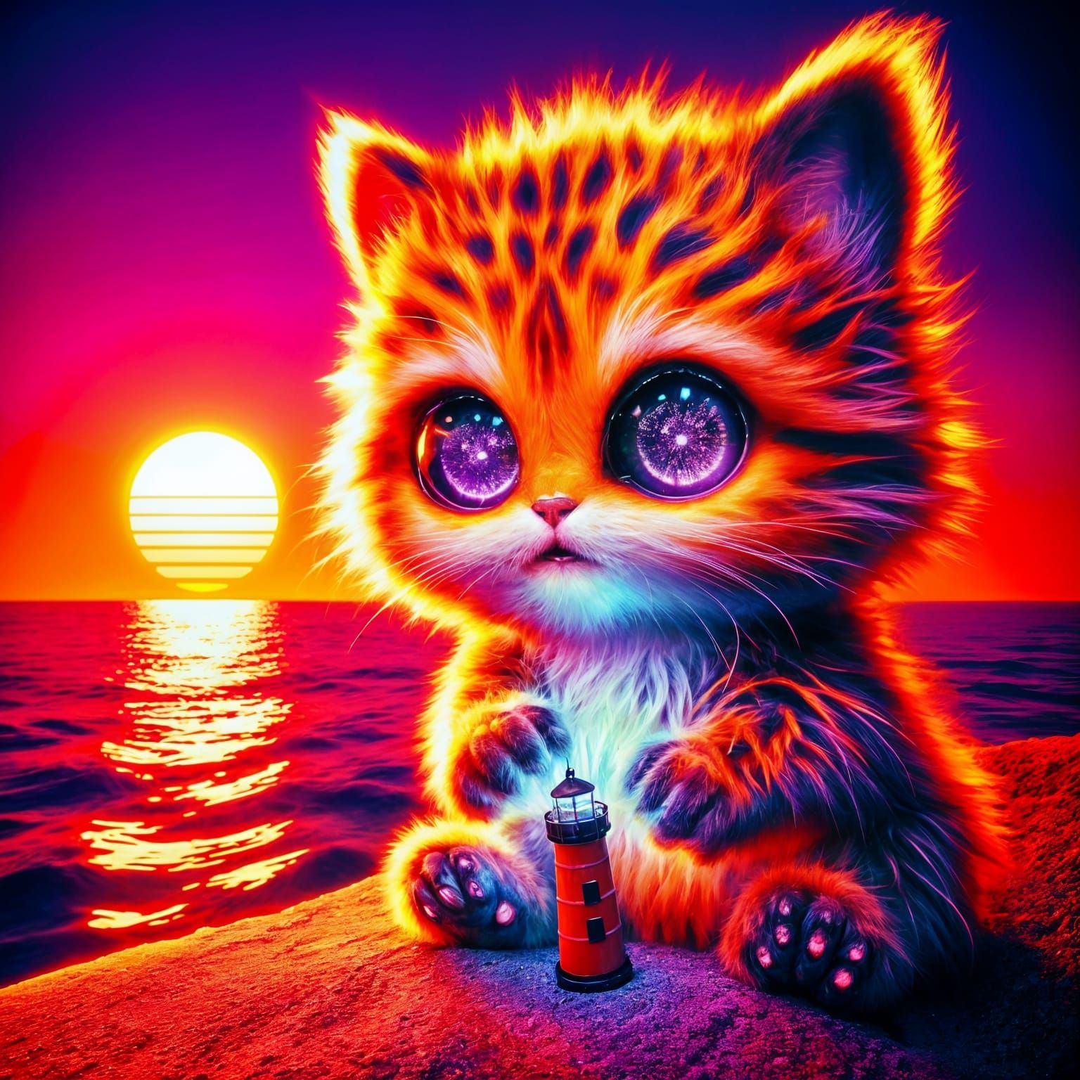 Vaporwave creature with a toy lighthouse