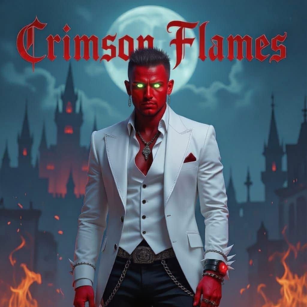 Make book cover with Crimson Flames in fancy font. Burning gothic city in background.  Add guy using this prompt:
(best quality)), ((masterp...