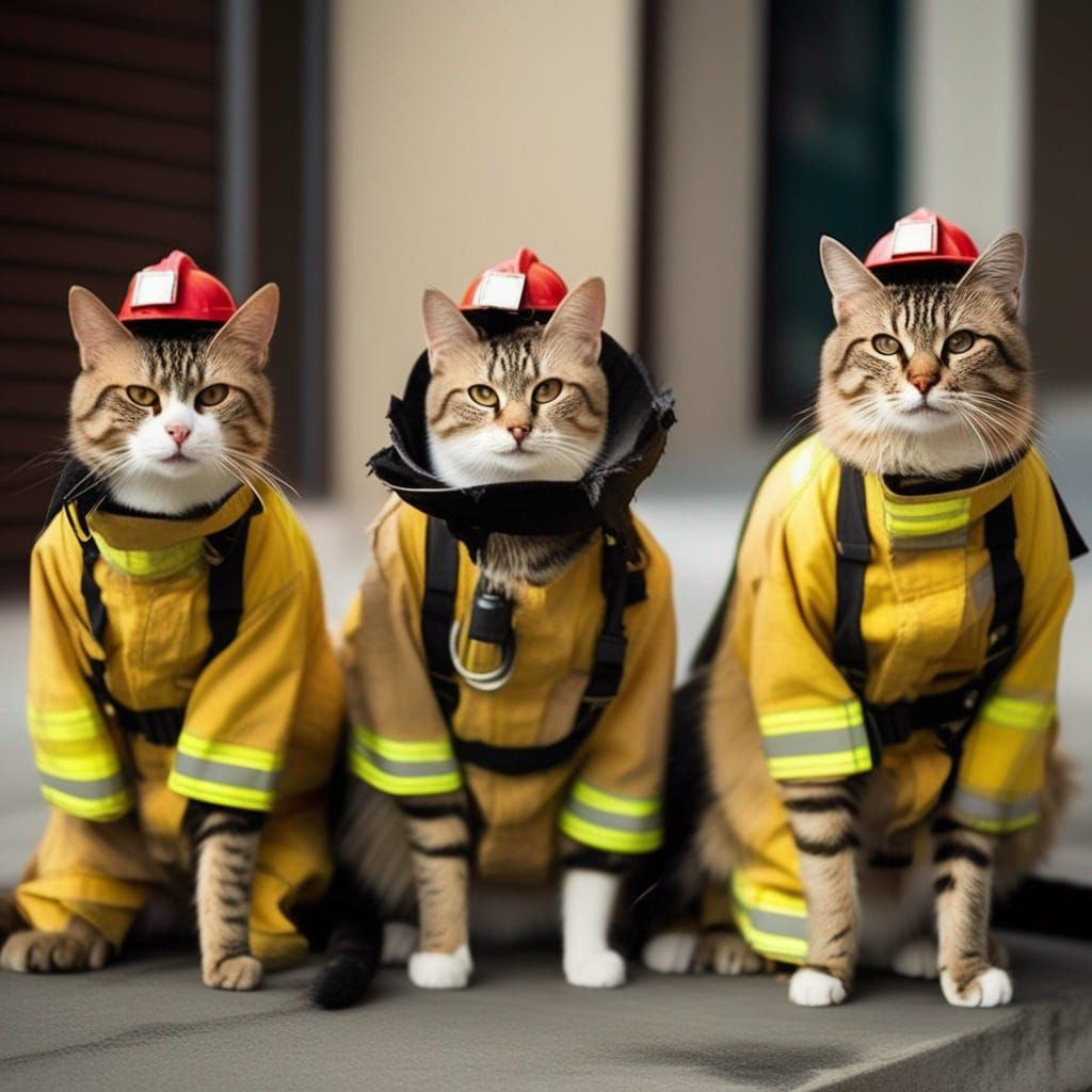 Cats Dressed As Firefighters Putting Out A Fire AI Generated Artwork cats-dressed-as-firefighters-putting-out-a-fire-ai-generated-artwork