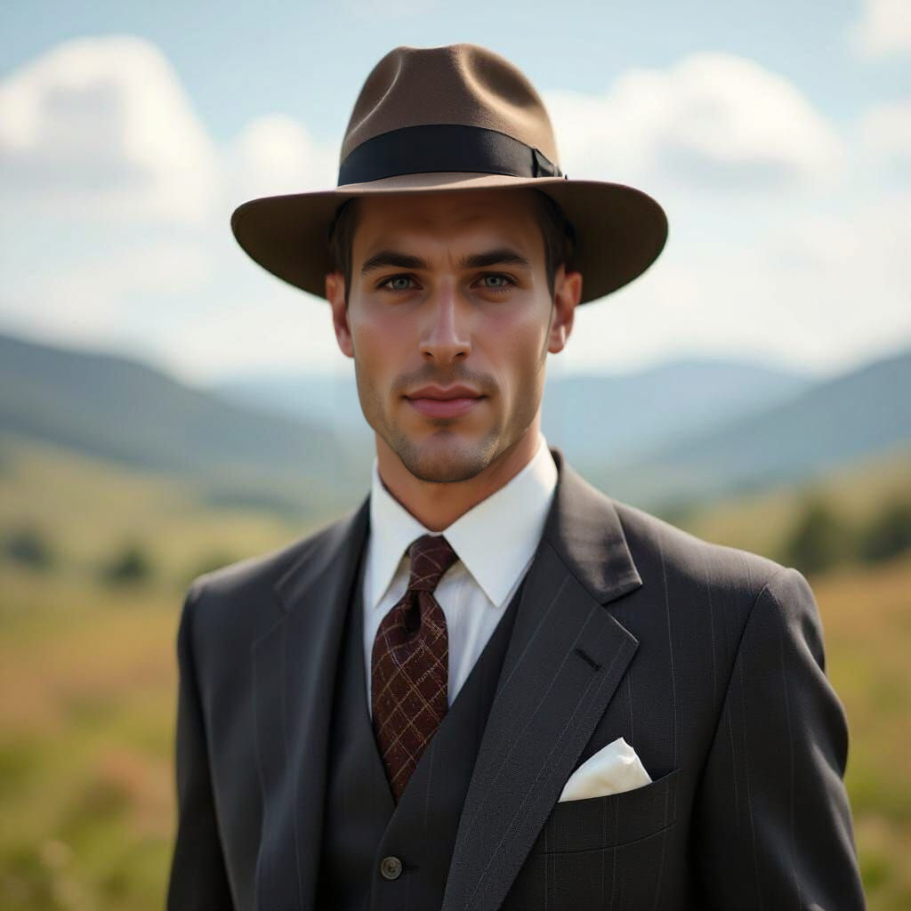 A male model dressed in a 1950s suit and tie, and hat. Capture the scene with hyperrealistic detail, reminiscent of a professional photograp...