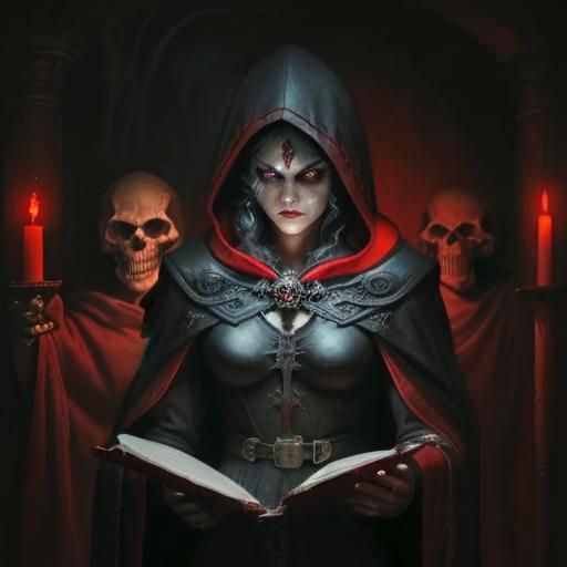 ancient painting of angry female inquisitor using candle lig...