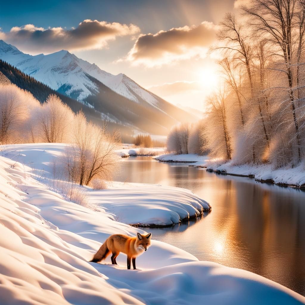 Winter Riverscape with fox heavenly