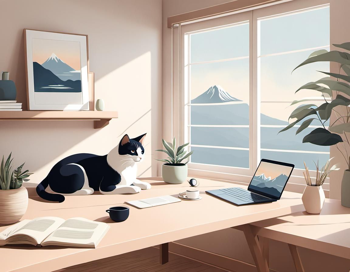 A tranquil, minimalist home office in my home.