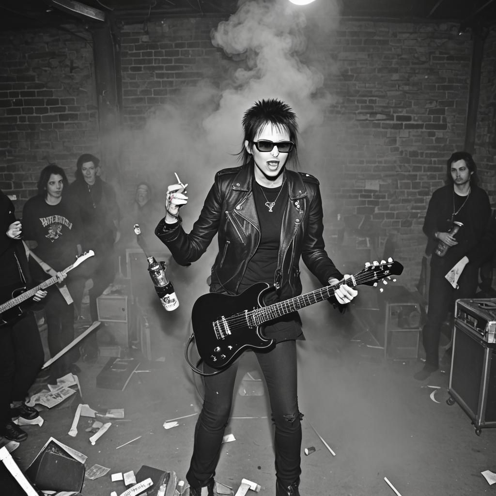 dark basement. punk rock performance club. fog. female gothi...