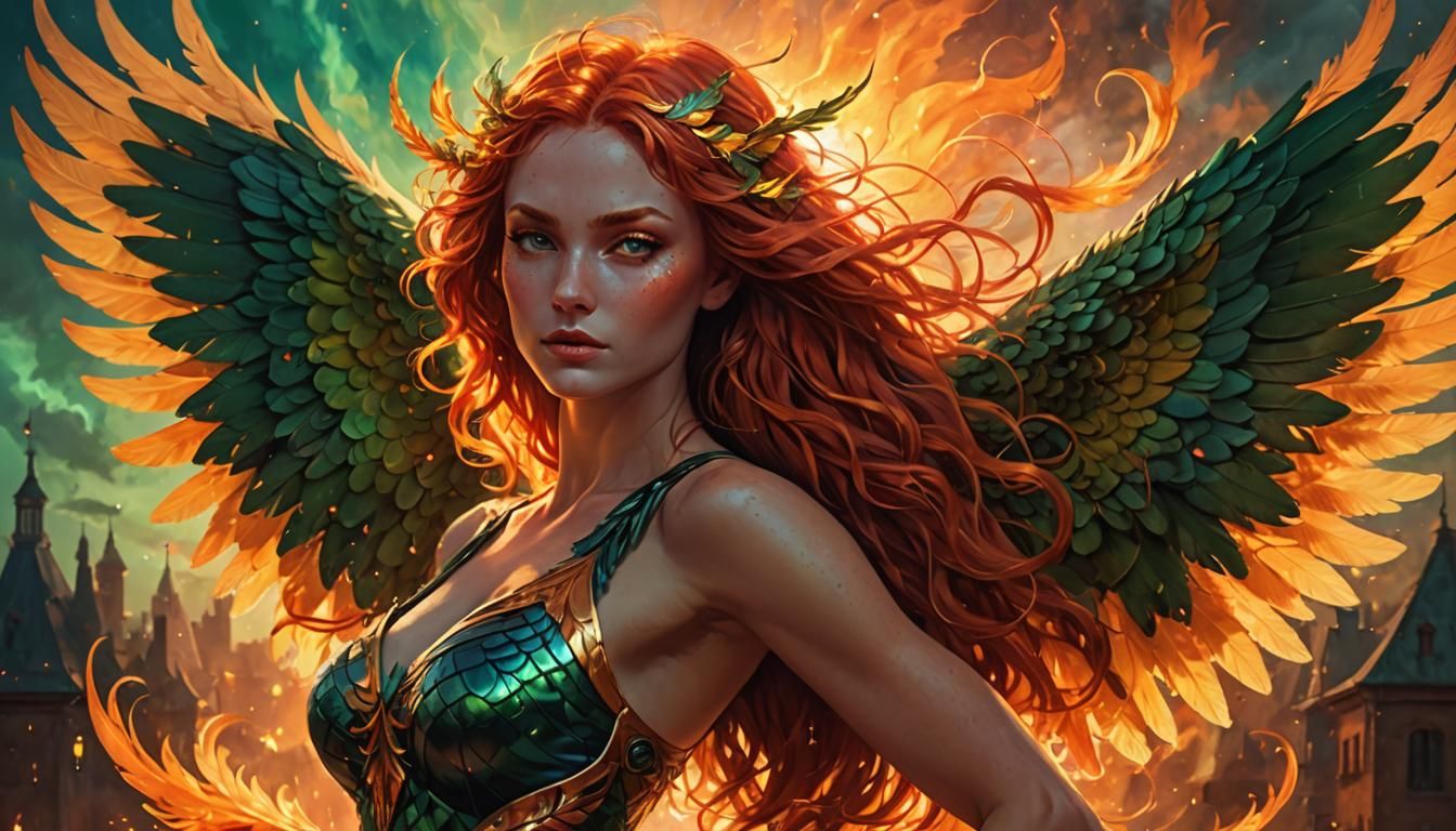 Realistic photo, dusk, magic hour, athletic redhead woman, youthful, has phoenix wings,  holding a game controller