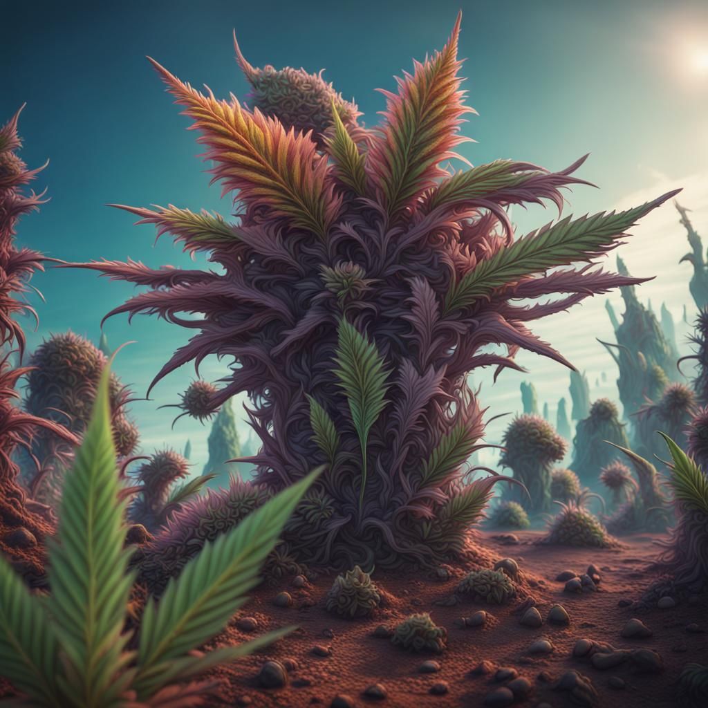 Alien growing crazy looking cannabis flowers on an unknown p...