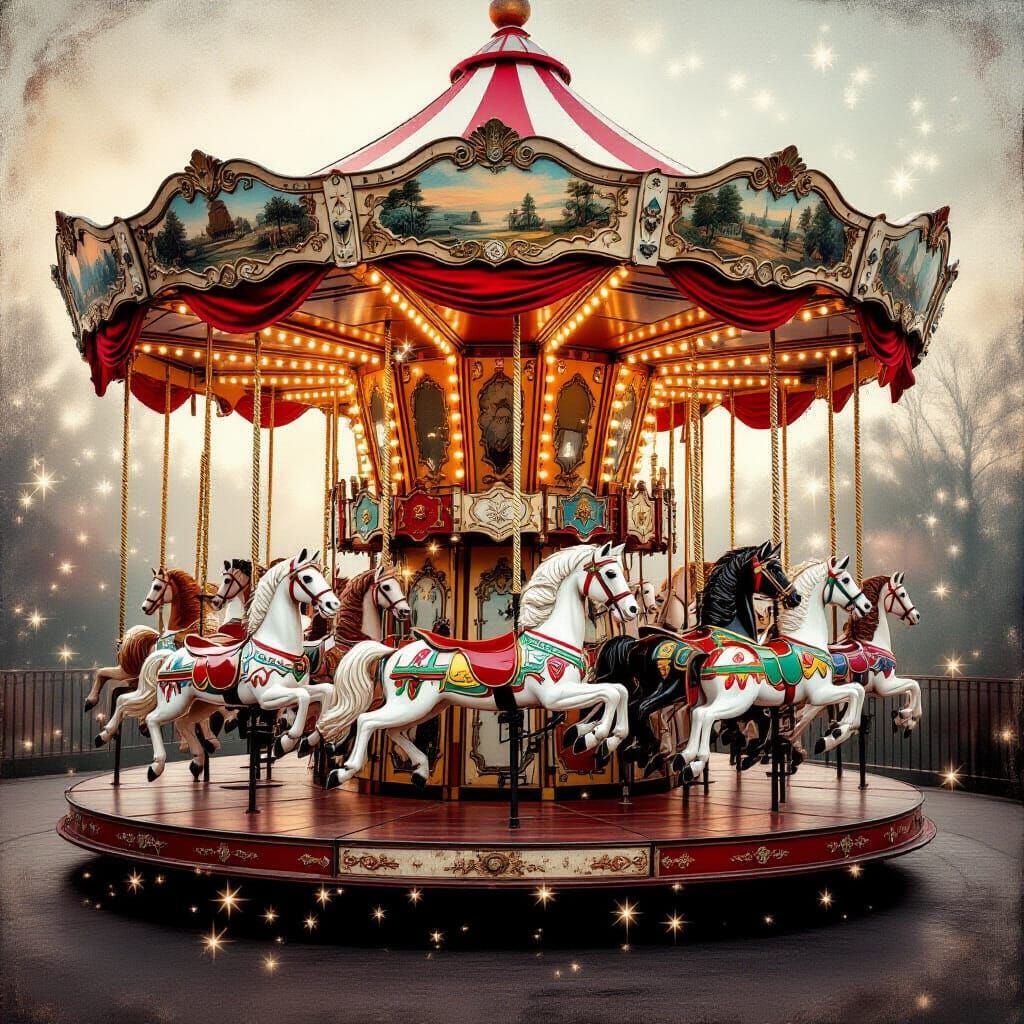 A vintage carousal with dancing ponies.  