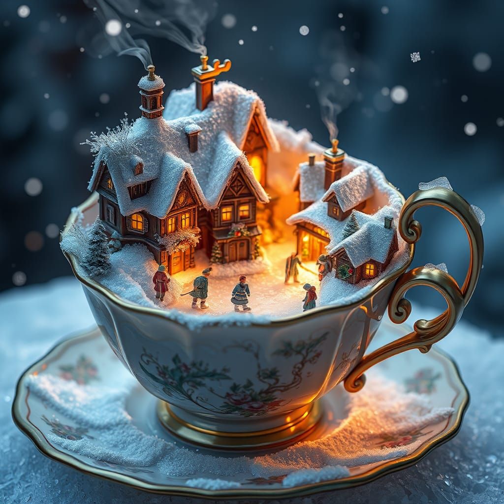 a snowy village inside a teacup