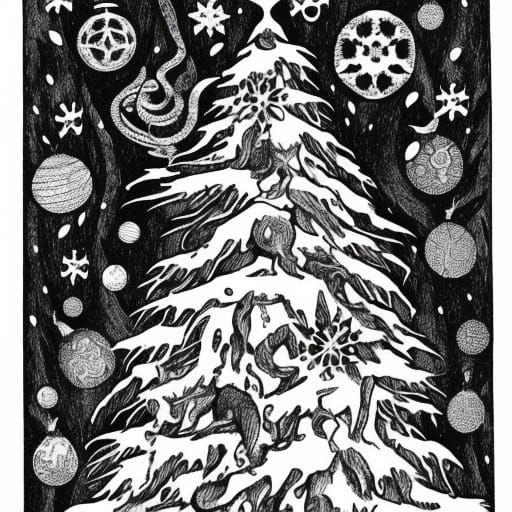 Forest creatures decorating a Yule tree black and white mono...