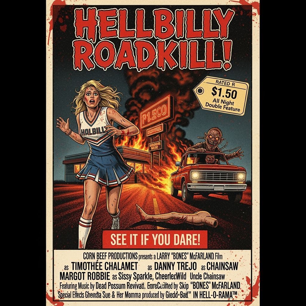 ):
A gritty, vintage 1970s drive-in movie poster titled "HELLBILLY ROADKILL!" in bold distressed letters. ...  by @Dawn68