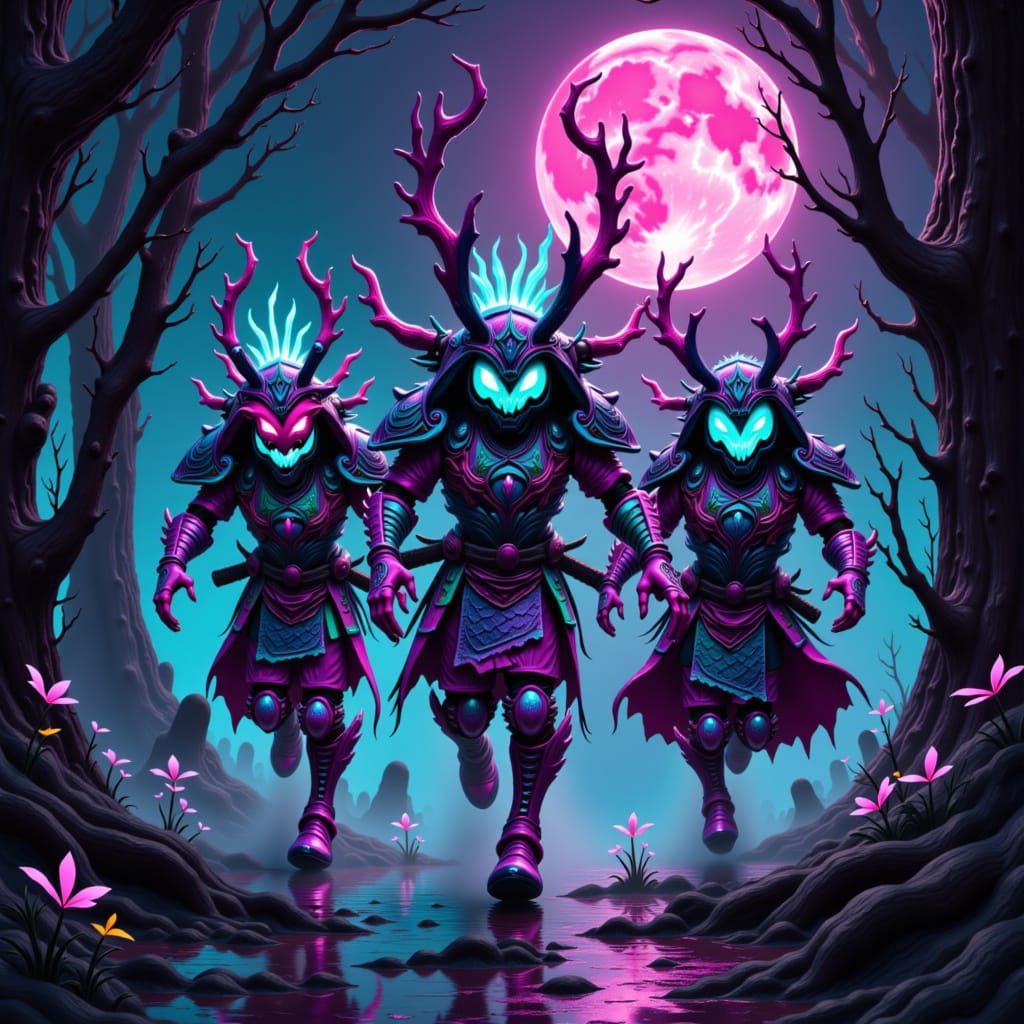 Japanese yokai and oni, dressed in traditional samurai armor, rushing to battle in a misty, moonlit forest, with vibrant, glowing accents, i...