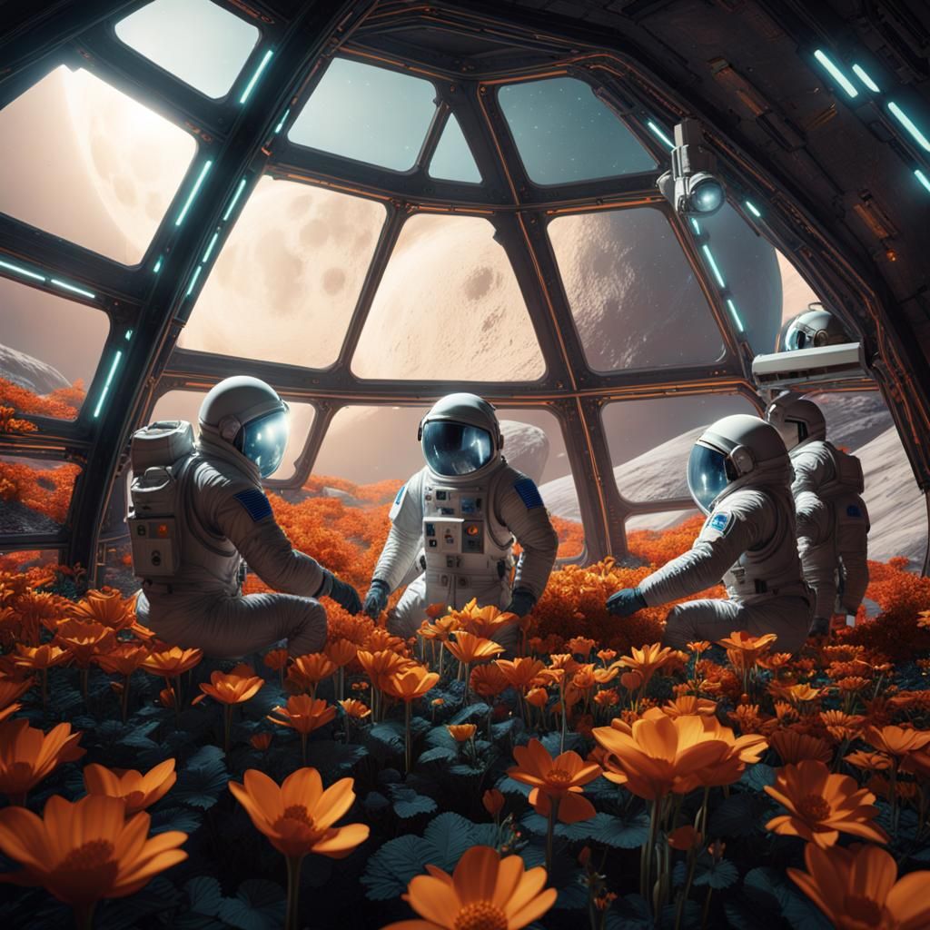 Three men in spacesuits tending to the flowers in a geodesic...