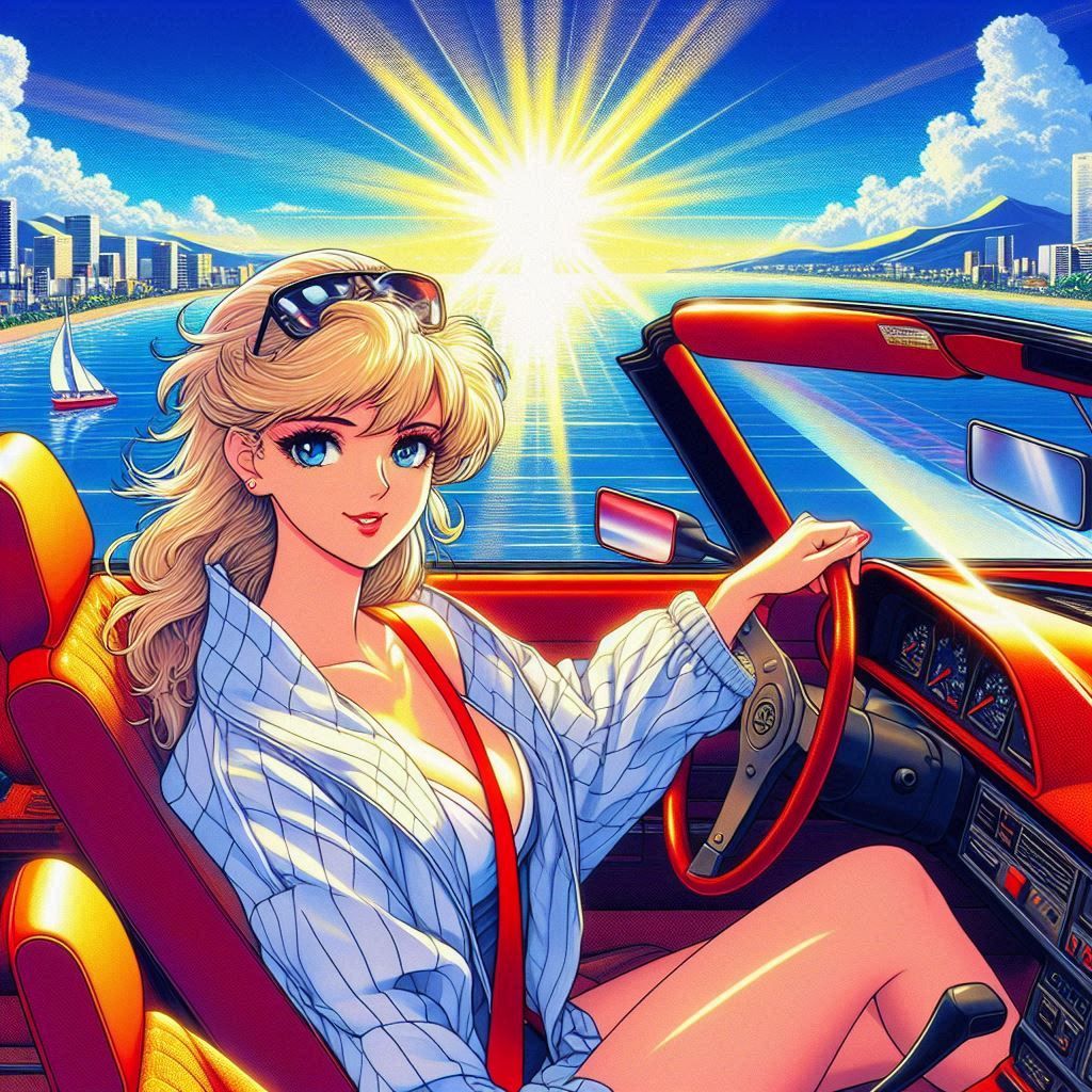 a 1980s anime style image of a blonde haired woman fashion m...
