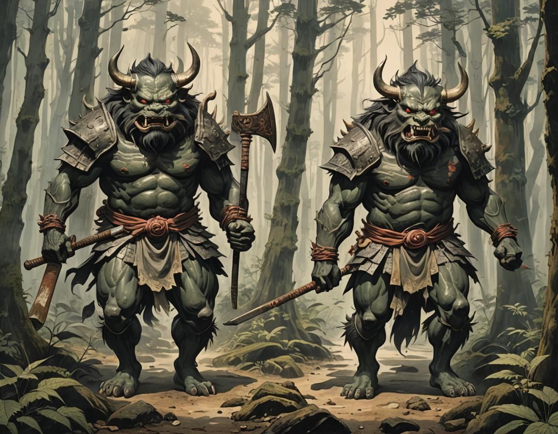 two Oni from Japanese mythology the man-eaters carrying heav...