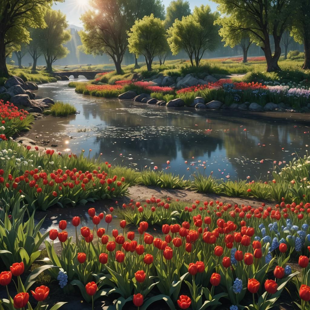 Flowers of different colors on the field along the river in ...