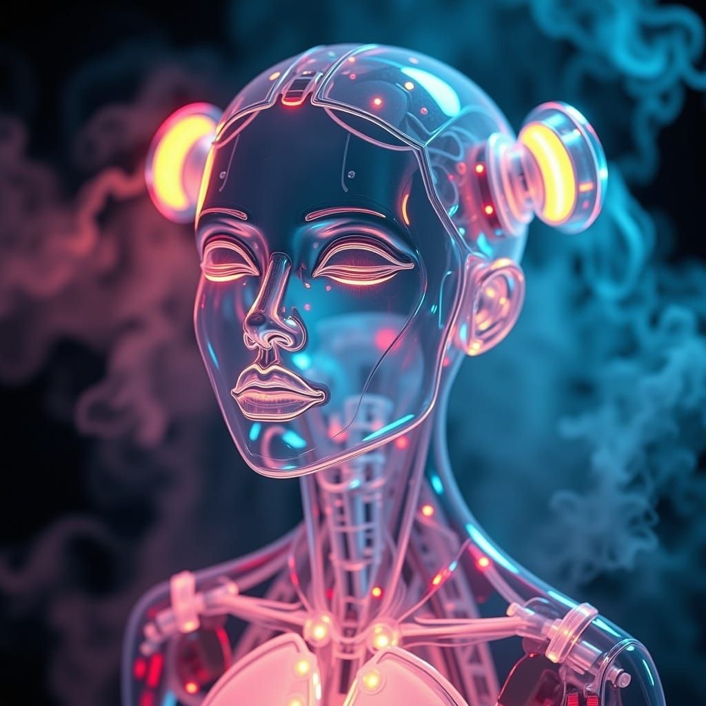 <lora:Cybernetix:1.0> dynamically close up, high-resolution photograph of a translucent softly glowing mechanical "Geisha" back lit by neon...