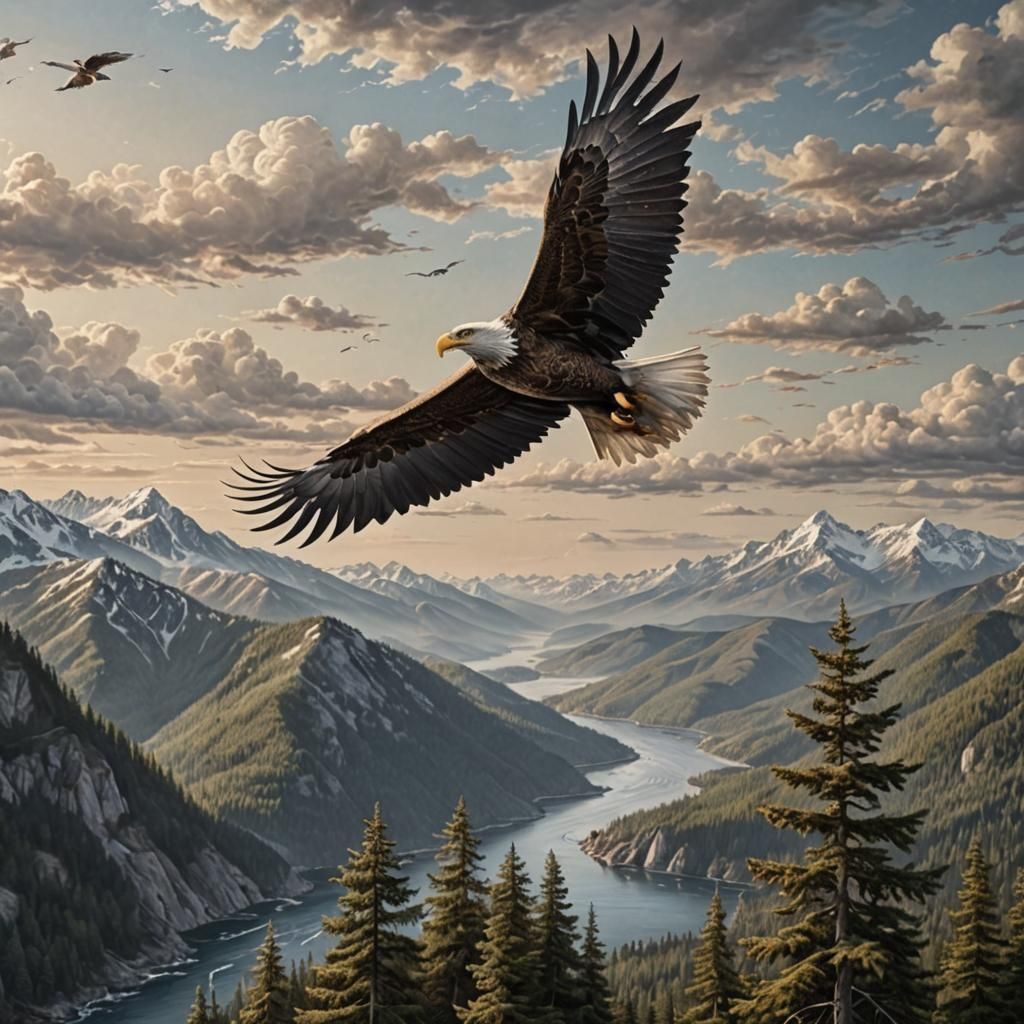 A majestic Eagle soaring over the mountains and forest with the ocean in the distance hyperdetailed photorealism hyperre...