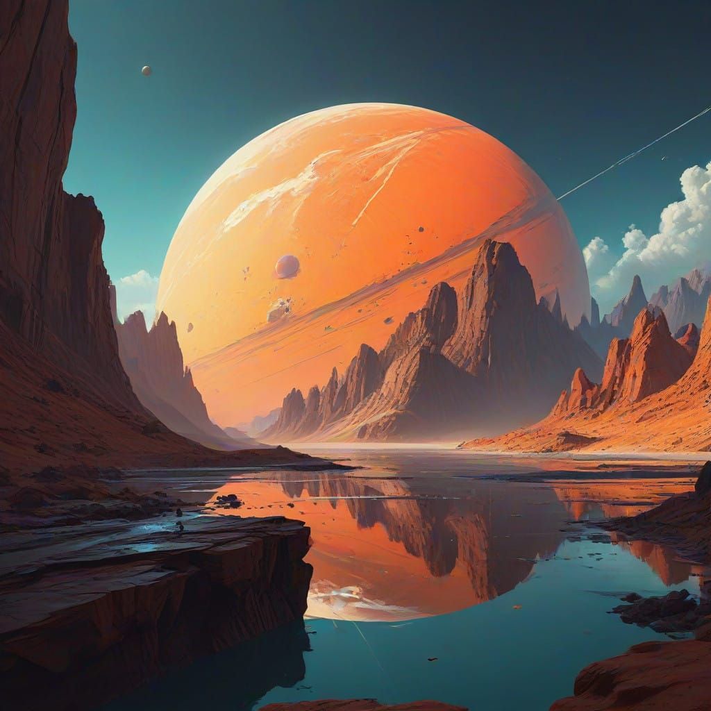 on the silhouette of a cube-shaped planet in deep space. on the planet, desert storms coexist with water storms