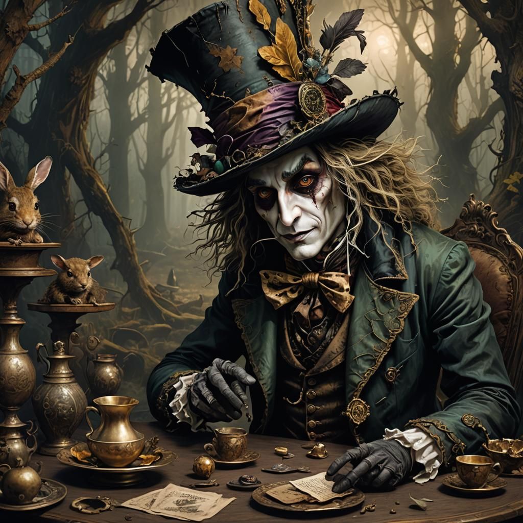 A gothic Mad Hatter's tea party. The setting is a shadowy, twisted forest, with a richly set, yet decaying ...  by @Blair