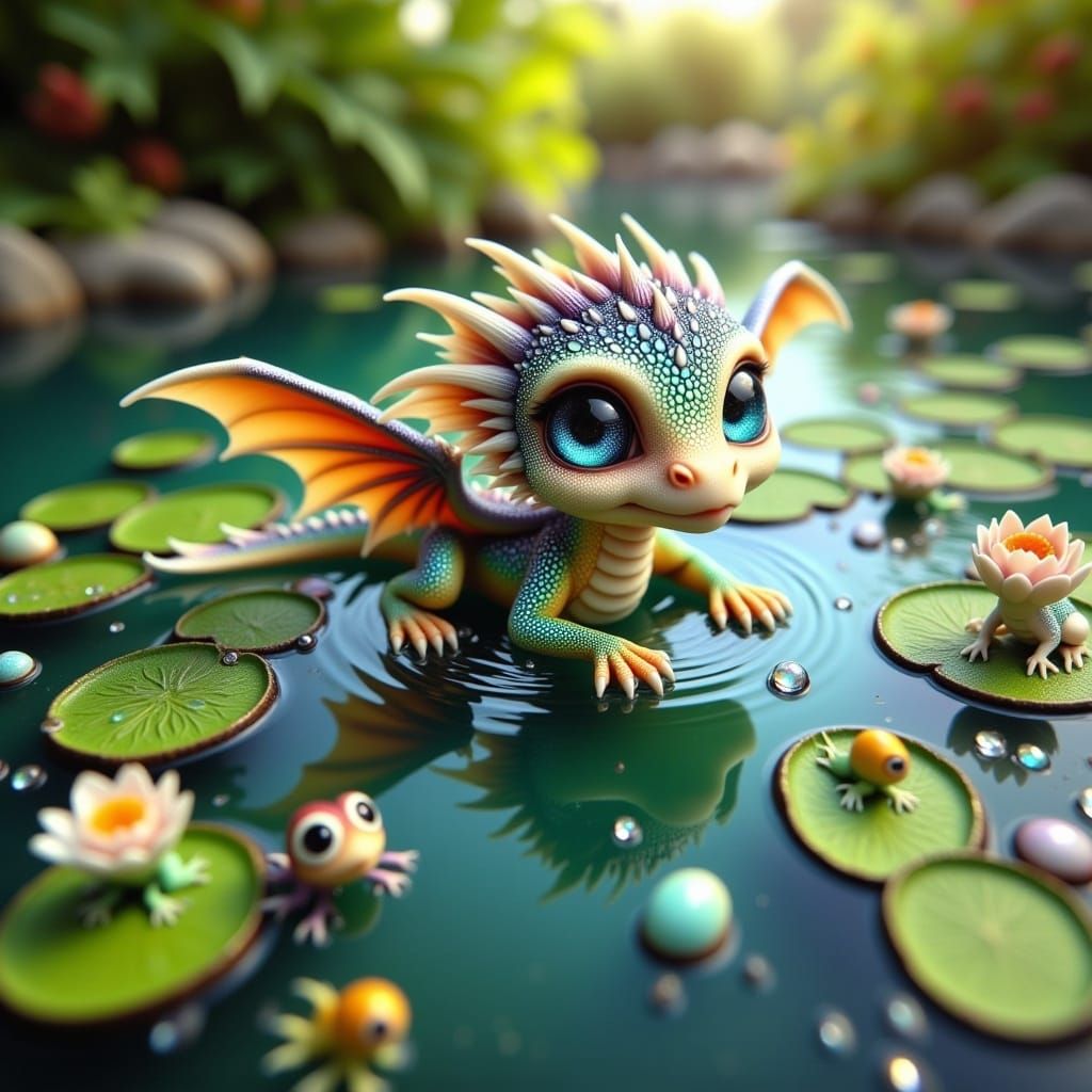 <lora:Flux Real BabyDragon:1.0> Realistic baby dragon swimming in a frog pond, frogs, lilypads, sunny day 