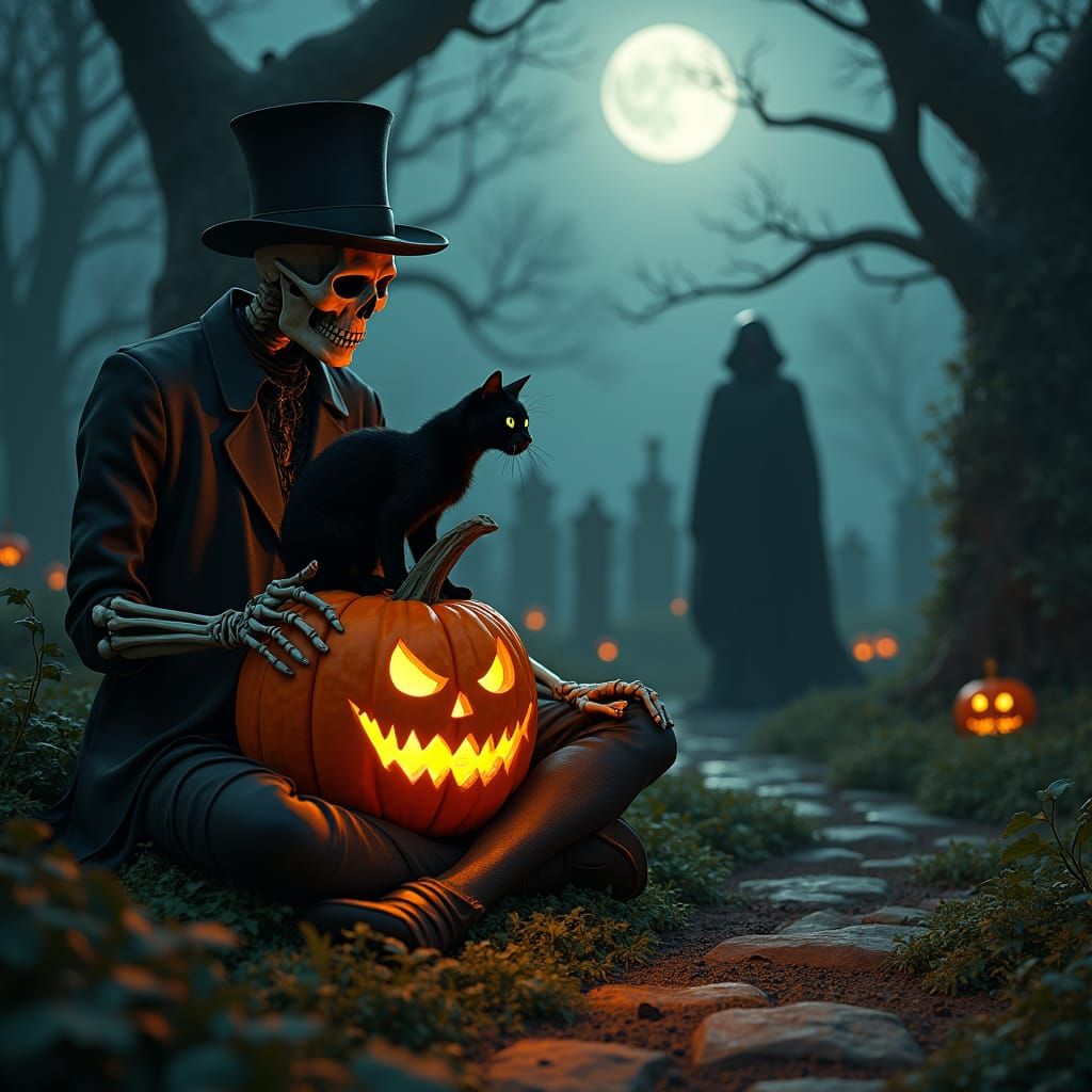 Mystical Cemetery Scene with Jack-o'-Lantern and Vampire