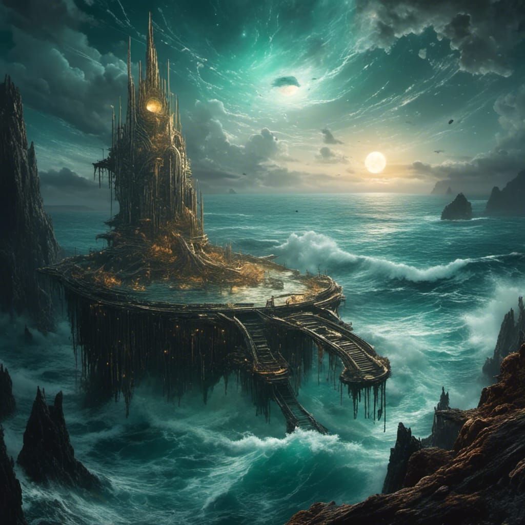 <lora:eye:1.0> Ruined alien structure, on an alien planet overlooking an alien sea, with a stormy sky and crashing waves, eerie, moody, atmo...