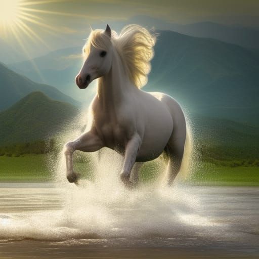 a white horse jumping a cross the river