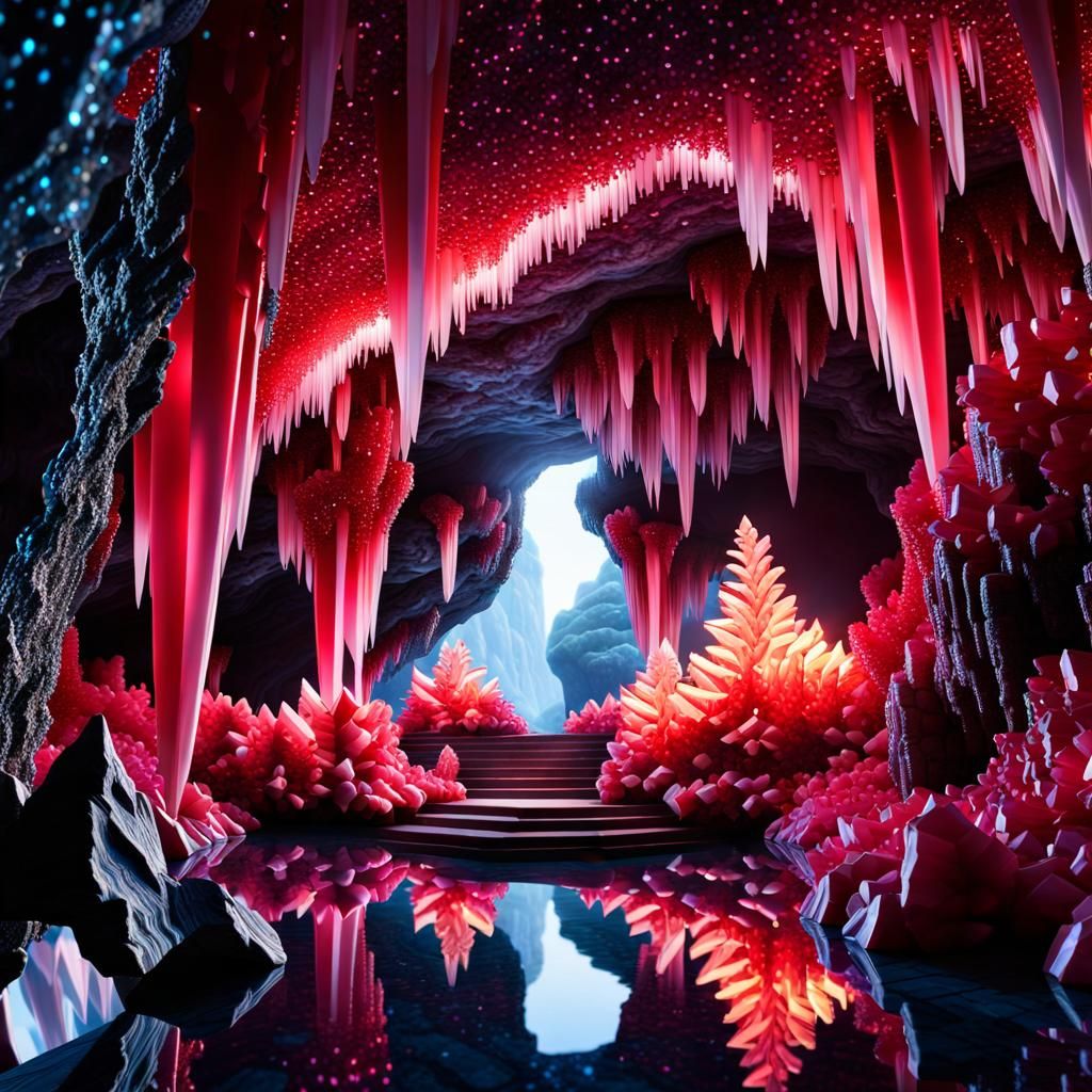 “a Beautiful Sparkling Crystal Cave With Ruby Stalactites, Geode 