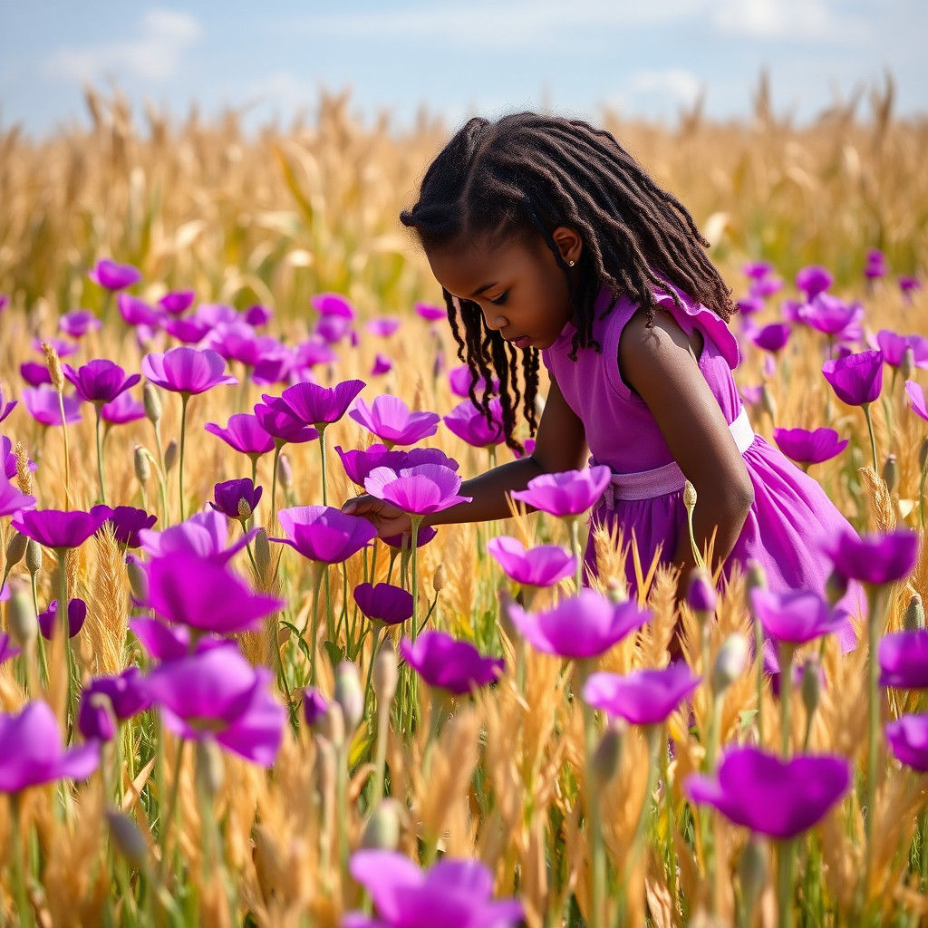 A lot of purple poppies in a golden, ripe cornfield on a bri...