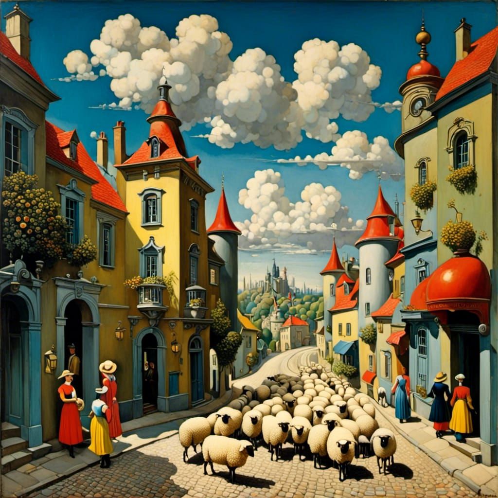 Sheep walking in the street. <lora:Pop Surrealism:1.0> 