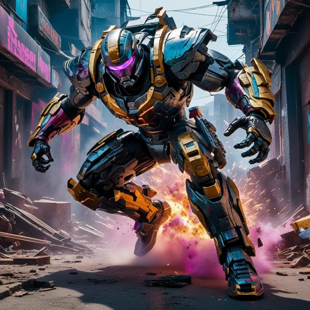 <lora:Indomitable:1.0> wide shot HD 3D Octane HD Image; Beautifully Authentic epic badass villain striking the ground and causing a destruct...