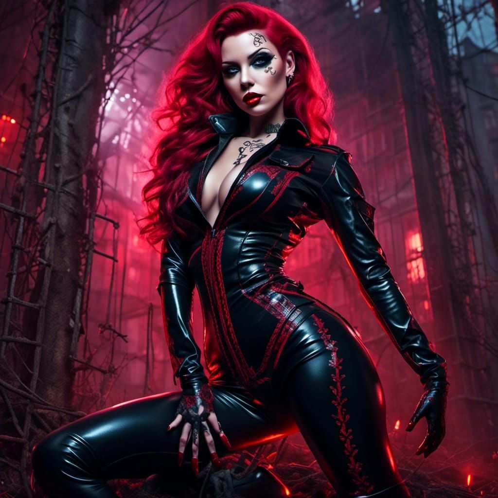 <lora:Boudoir Glamor:1.0> Voluptuous tattooed Gothic vampire wearing black latex catsuit with red accent, red knee high boots. Hyperrealisti...