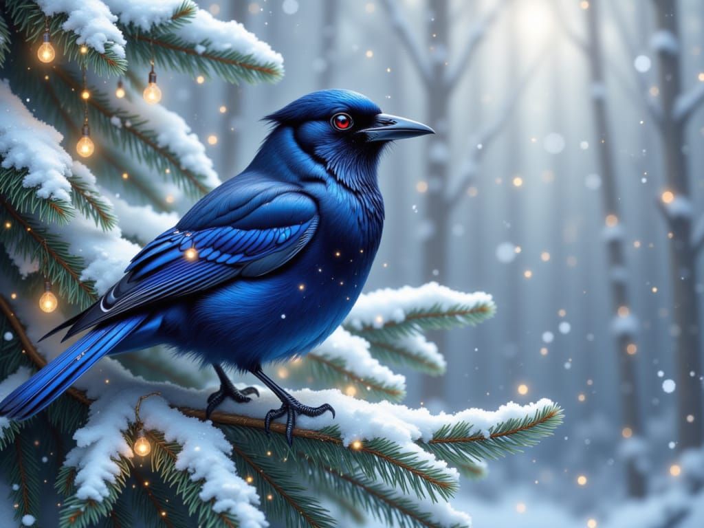 <lora:Glimmernest V1:1.0> Steller’s jay perched on a snow-dusted evergreen branch, deep sapphire and cobalt feathers glowing against soft gr...