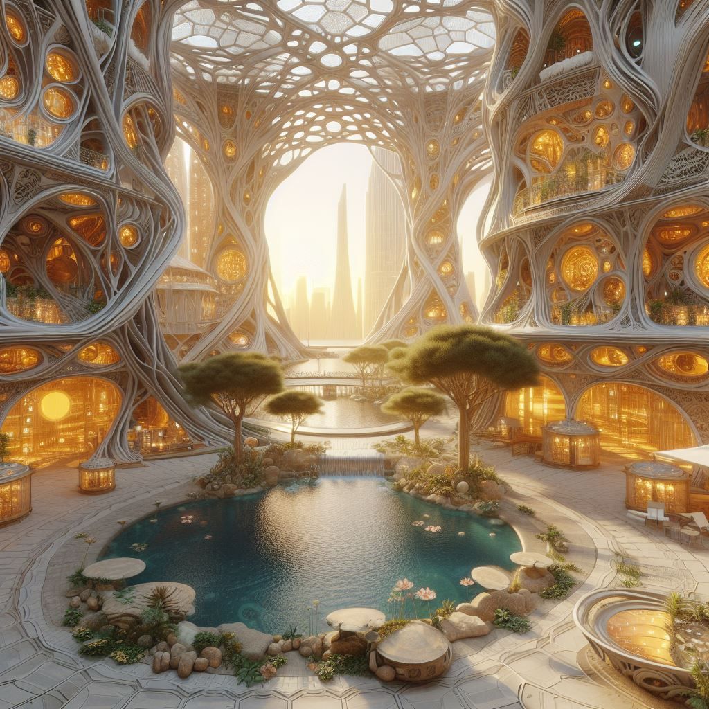solarpunk shopping area