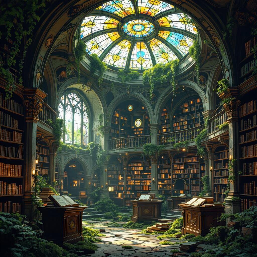 An ancient, overgrown library hidden deep within a mystical forest, where sunlight filters through a shattered stained-glass ceiling, illumi...