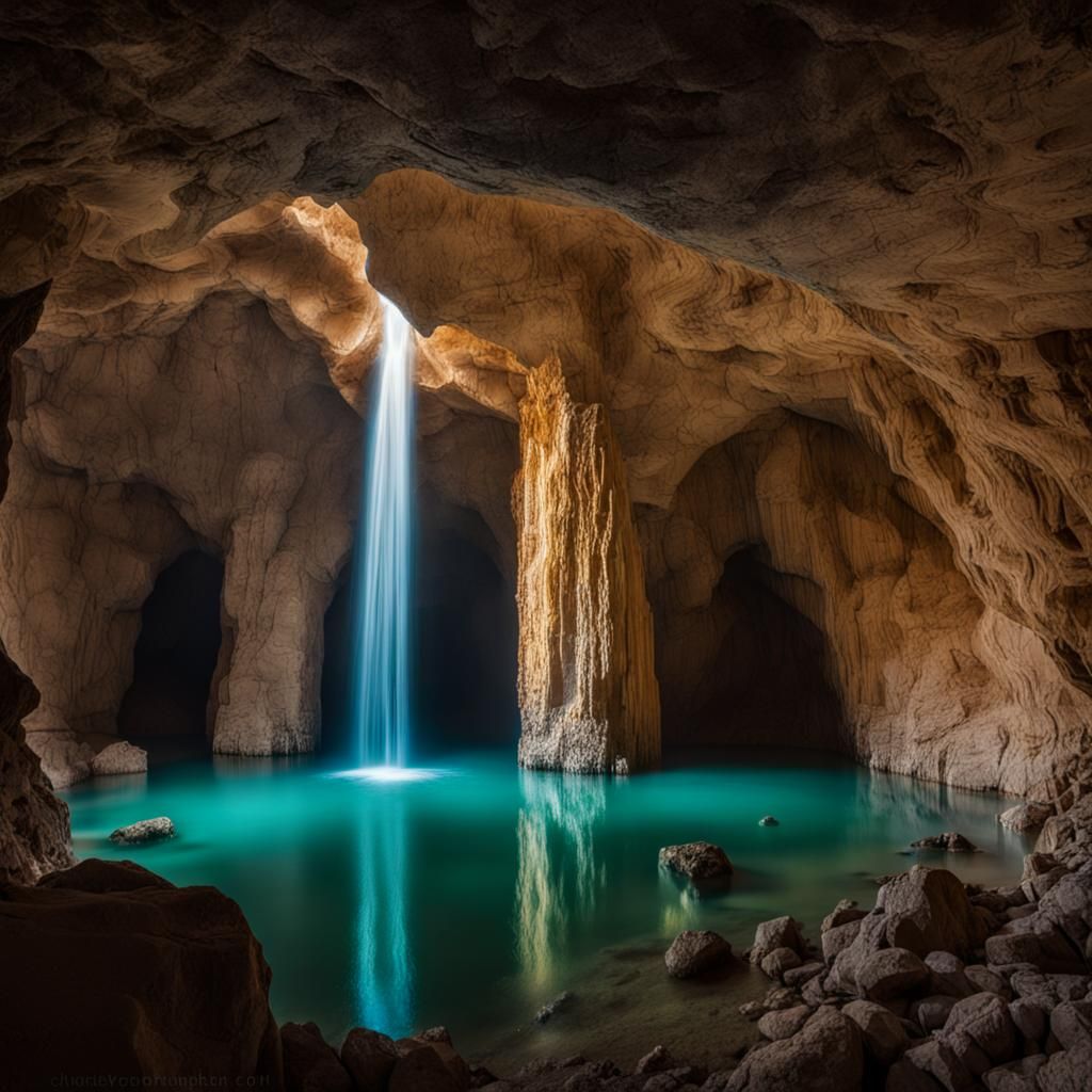 uma grande alcova inundada de uma caverna, baixa luz com alg...