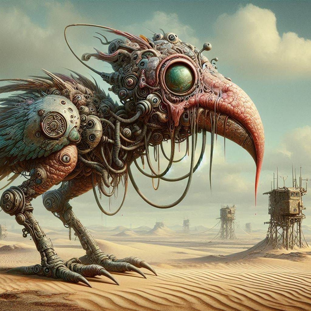 Bizarre creature in a sand-colored landscape.