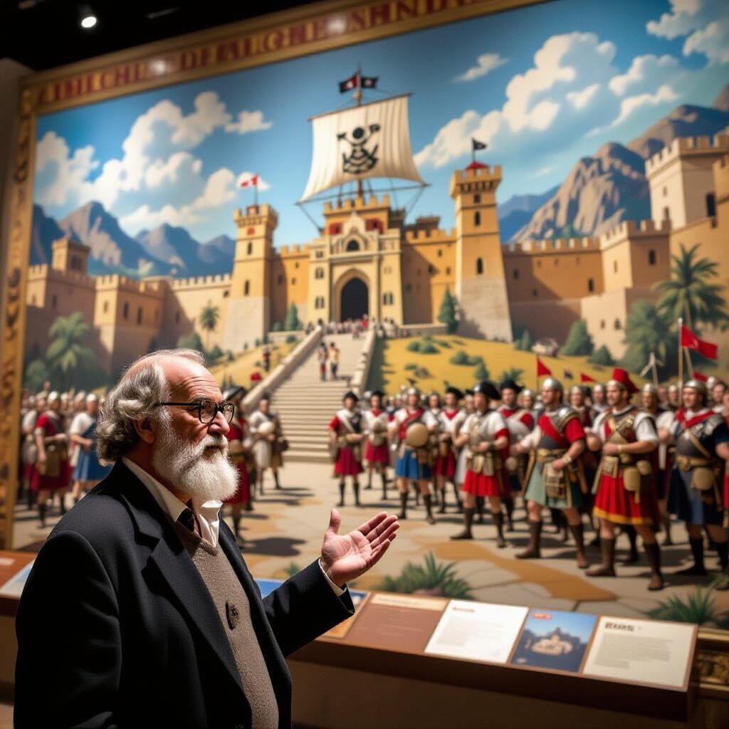 John Cleese in the Monty Python's Lost city acts as a guide in front of the wall of remembrance where a large fresco shows the history of Mo...