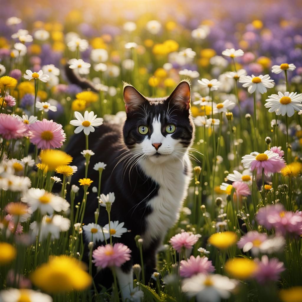 Glimpse of Spring field with flowers and cats sparkle glow s...