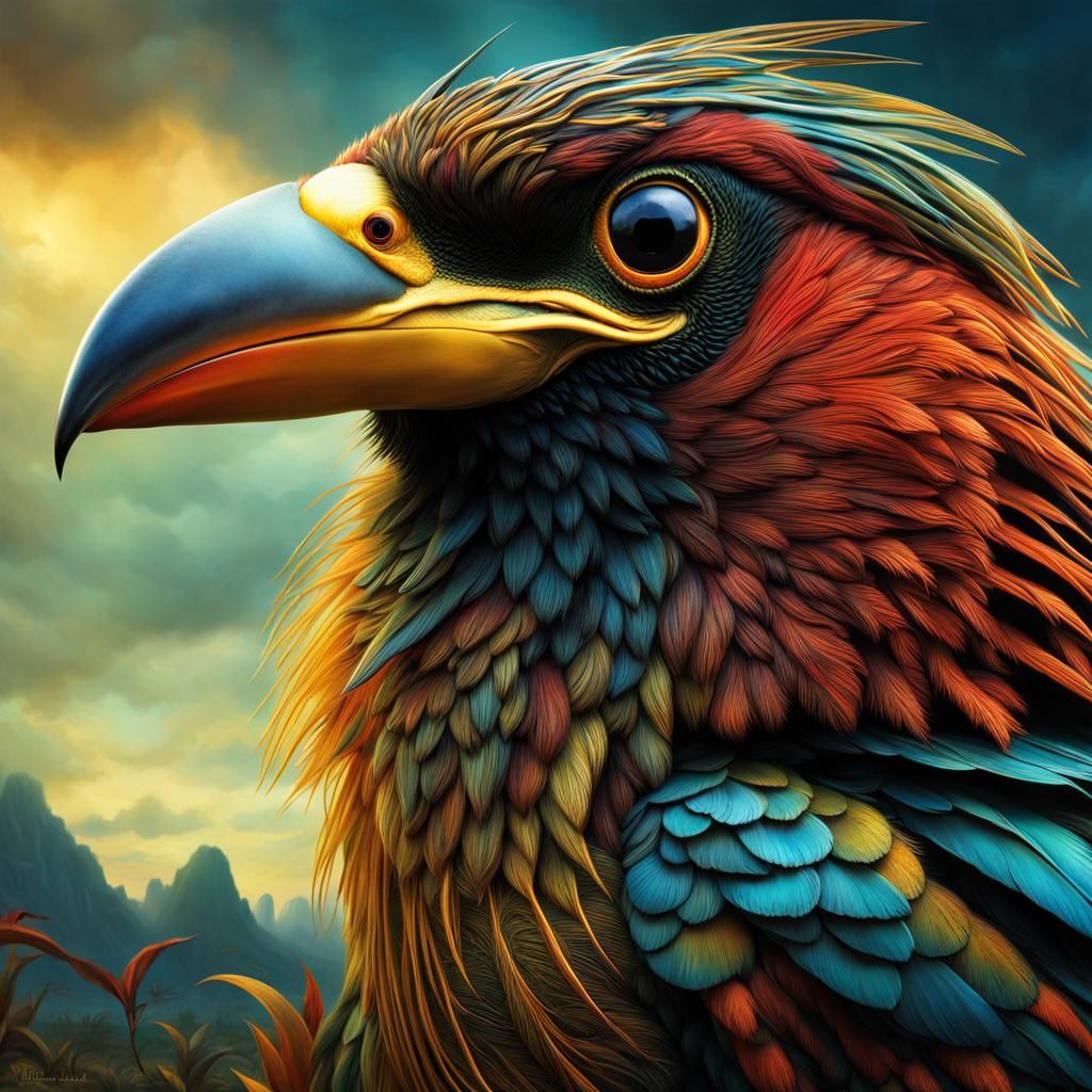 A very weird, fanciful, bizarre bird.