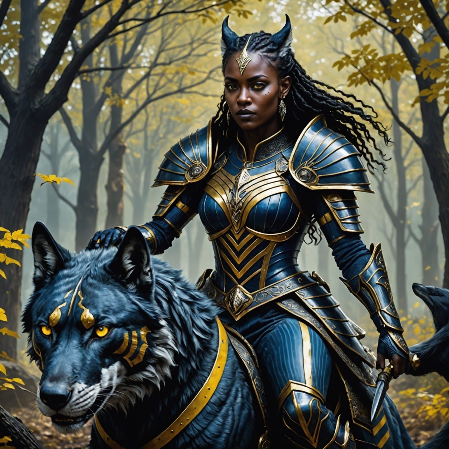 A beautiful dark blue skinned woman with yellow eyes, and pointed ears