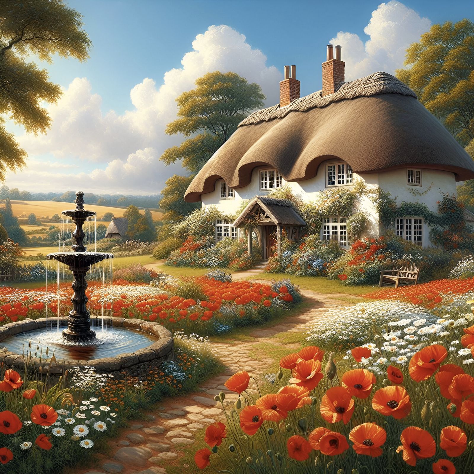 Thatched cottage - poppies and daisies  (water fountain)