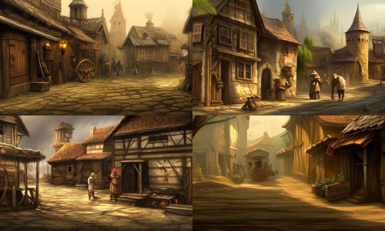 street scene in a dirty medieval fantasy village