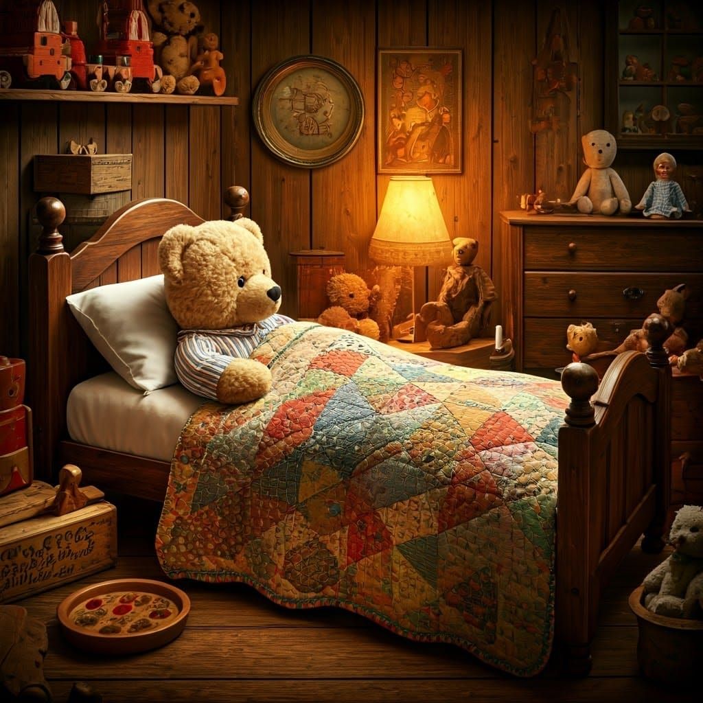 a teddy bear tucked into bed, sleeping, in a colorful room, with lots of old toys around, vintage style. ...  by @JOSE EDUARDO CUNHA SANTOS