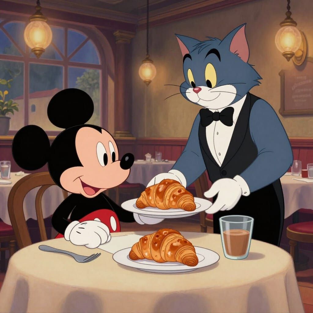 Mickey Mouse at French Bistro with Cat Waiter