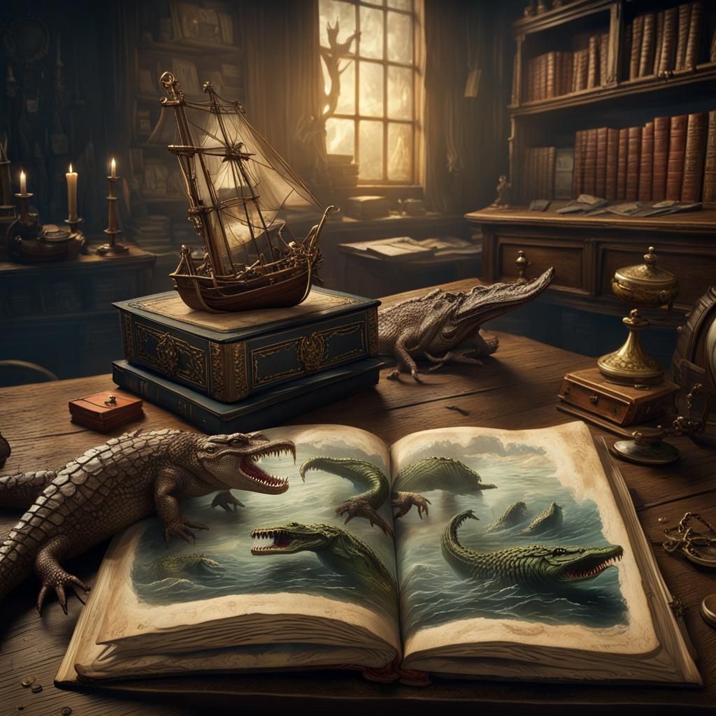An old thick book is open on an old oak desk. Coming out of the left side of the book is Captain Ahab ...  by @Ramon