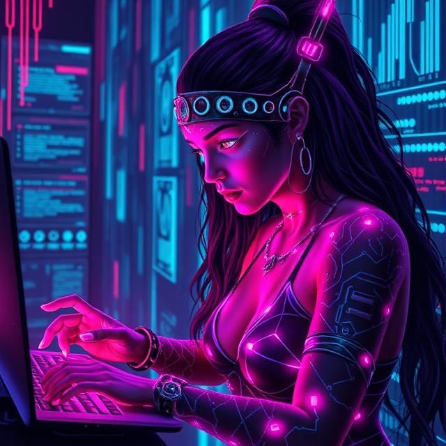 An Amazonian warrior, reimagined as a cyberpunk hacker, deep...