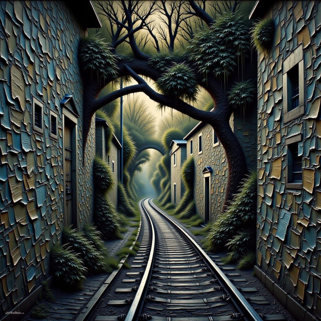 Surreal Landscape with Train Tracks in Encaustic Impasto Sty...